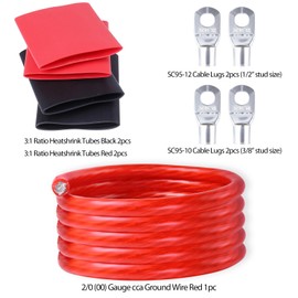 HBU 2/0 Guage Battery Welding Cable - (00 AWG 13 Feet, Red) - M10 & M12 SC Lugs with Heat Shrink Wraps for Auto, Truck, Solar, RV Inverter Wire - Copper Clad Aluminum Cables