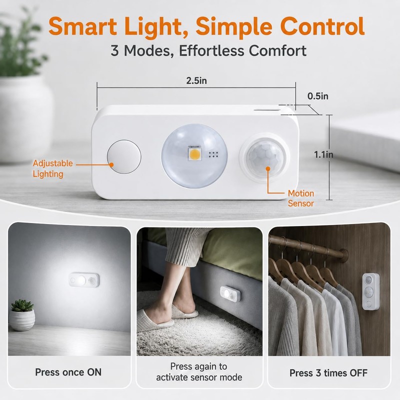 LightingWill 8 Pack USB Rechargeable Motion Sensor Puck Lights, Wireless