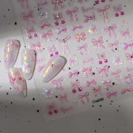 1 Sheets Pink Nail Stickers for Nail Art Holographic Laser Bow Nail Art Stickers with Crystal Diamond Designs 5D Self-Adhesive Cherry Nail Decoration Embossed Cute Bows Nail Decals for Women
