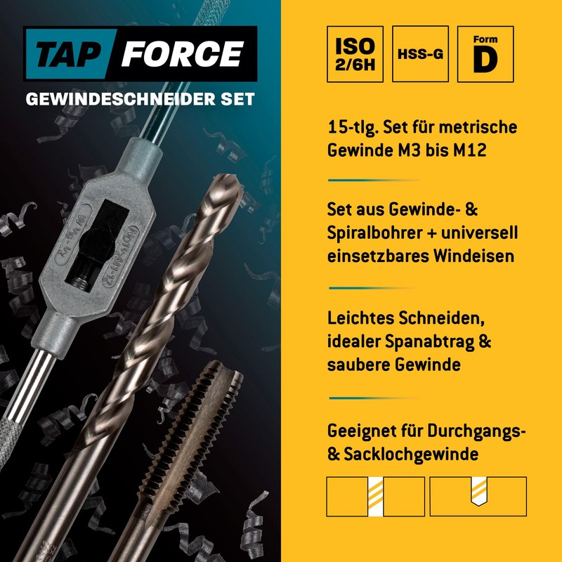 Metric Tap Set M3 - M12, 15 Pieces, HSS-G/Tap Wrench/Anvil