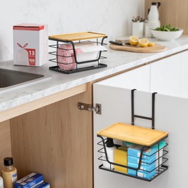 CACHOLIV 2-Pack Trash Bag Holder - Extra Large Garbage Bag Holder with Stackable Bamboo Top, Adjustable Hooks for Cabinet Door - Organizers in Kitchen/Pantry/Laundry Room