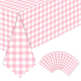 NatNarr 12 Pack Pink Gingham Tablecloth, 54 X 108InchPlastic Pink Table Checkered Tablecloth Waterproof Pink and White Checkered Tablecloths for Picnic Birthday Barbecue Parties