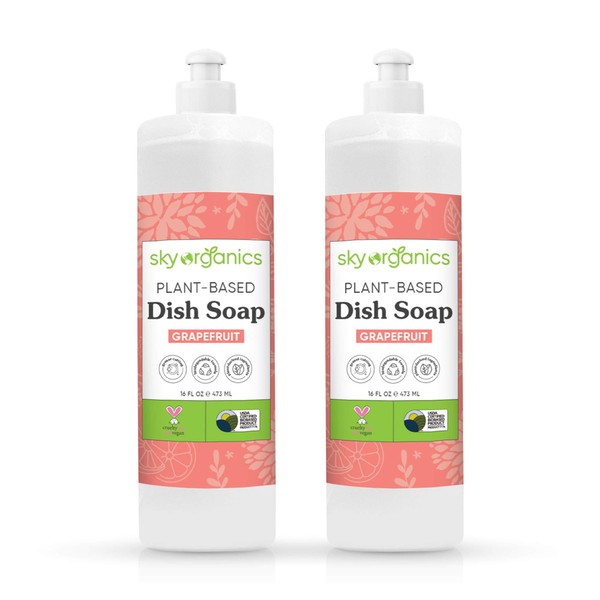 Sky Organics Grapefruit Dish Soap (16 fl oz x 2 Pack) Bio-Based Liquid Grease Cutting Soap, Cruelty-Free, Biodegradable Formula