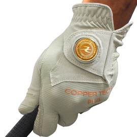 Copper Tech Men's Golf Gloves With Ball Marker (1 Pack) - Optimal Joint Support & Comfort With Copper Compression Feature - Breathable & Tacky - Crafted With Fine AAA Leather - color: KHAKI/KHAKI, size: One Size FIT MOST M TO L, Hand Orientation: [Right 