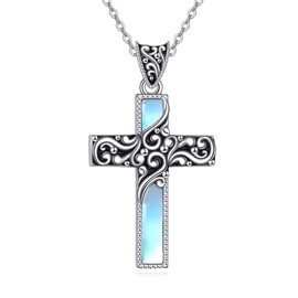 LUHE Cross Necklace for Women 925 Sterling Silver Filigree Irish Celtic Moonstone Necklace Bohemian Jewelry Gifts for Men (Moonstone Necklace)