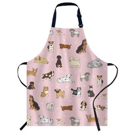 Smooffly Cartoon Doodle Puppy Dog Pink Apron Unisex Adjustable Bib Apron Cooking Kitchen Chef Women Men Aprons for Home Kitchen, Restaurant,Coffee House,Shop,Garden