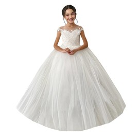 M_RAC Lace Appliques Flower Girls Dresses for Wedding Party Dress Tulle First Communion Ball Gowns 14 White