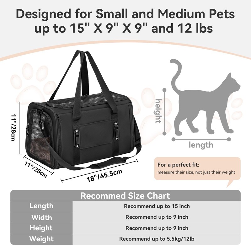PETSFIT Cat Car Carrier for Small/Medium Cats Dogs, 18"x11"x11" Airline