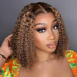 Curly Bob Wig Human Hair 200 Density Highlight 13x4 Short Bob Wig Human Hair 4/27# Pre Plucked HD Lace Frontal Wet and Wavy Honey Blonde Deep Wave Colored Wigs Glueless 14inch