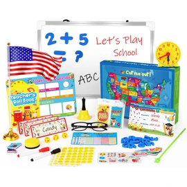 UOMTFAI Pretend Play Teacher Set, Kids Pretend Teacher Playset with Whiteboard Learning Clock Magnetic Numbers and Map Puzzles, Pretend Play Teaching Toys Learning Education Toys for Kids