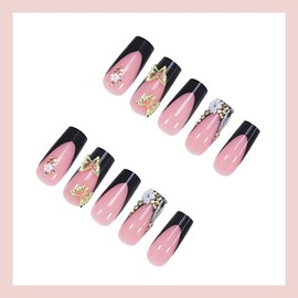 Medium Press on Nails Black French Tip Fake Nails with Rhinestone & Butterfly Designs Nude Pink Stick on Nails Glossy Reusable False Nails Flower Glue on Nails for Women 24Pcs