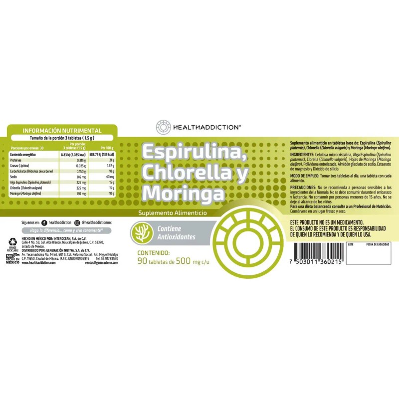 Healthaddiction Complejo Espirulina Moringa Chlorella Suplemento Alimenticio Antioxidantes Naturales Vitaminas