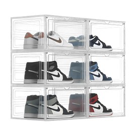 DEEZOMO Upgraded X-Large Shoe Organizer, Stackable 6 Pack Plastic Shoe Box with Clear Door, Shoe Storage Box Containers for Sneaker Display,Fit up to US Size 12