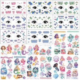 Qpout Glitter Temporary Tattoos for Kids,Under The Sea Mermaid Scale Face Eye Makeup Tattoo Stickers for Girls Birthday Party Decoration Supplies Party Favors Body Art Accessories