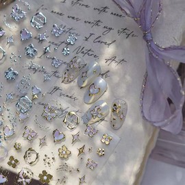 2 Sheets Gold Nail Stickers Star Heart Butterfly Nail Decals Bohemian Style Nail Art Stickers 5D Embossed Self-Adhesive Star Moon Nail Decals Bohemia Flower Nails Designs Nails Decoration