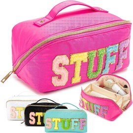 Large Nylon Make Up Bag Chenille Letter Patch Preppy Makeup Bag Large Capacity Travel Cosmetic Bag Lay Stuff Make Up Bag Organizer with Handle Portable Beauty Toiletry Bags (Rose)