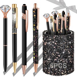 10 Pcs Rose Gold Glitter Pens with Pen Holder for Women Girls, Bling Diamond Fancy Ballpoint Pens Liquid Sand Glitter Pens Set for Office School Wedding Teacher Girls Birthday Gifts (Black)