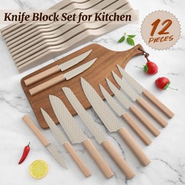 Knife Block Set, 12 Pieces Kitchen Knife Set with In-drawer Knife Block, Stainless Steel Knife Set with 6PCS Steak Knives, Ultra Sharp Non-stick Coating Chef Knife Set,Drawer Knife Organizer (Khaki)