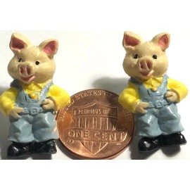 Unbranded 2 JHB Hand-Painted Resin Pig In Overalls Shank Buttons 28.5mm 1 1/8" Tall 12537