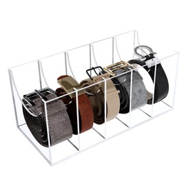 Belt Organizer for Closet – 5 Compartment Acrylic Belt Storage Box with Dust Cover – Belt Holder for Belts, Ties, Bow Ties & Accessories – Clear Display Case for Closet, Wardrobe & Drawer