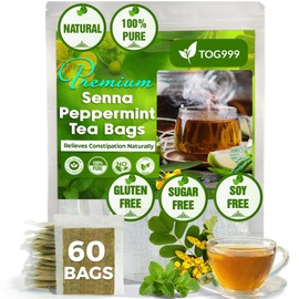 60 Tea Bags Relieves Constipation Natural Tea, Blend of Senna Leaves - Peppermint - Licorice - Fennel, 100% Natural Ingrendients, Hand-made Herbal Tea, No Sugar, No Caffeine, No Gluten, Vegan.