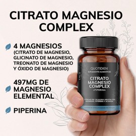 Citrato de Magnesio Complex + Piperina | Máxima Potencia y Máxima Absorción | Aporta 497mg de Magnesio elemental | Contiene Citrato, Glicinato, L-Treonato y Óxido de Magnesio | Sin Azúcar - Suplemento Alimenticio Quotidien - Ingredientes NON GMO (60 Cáps