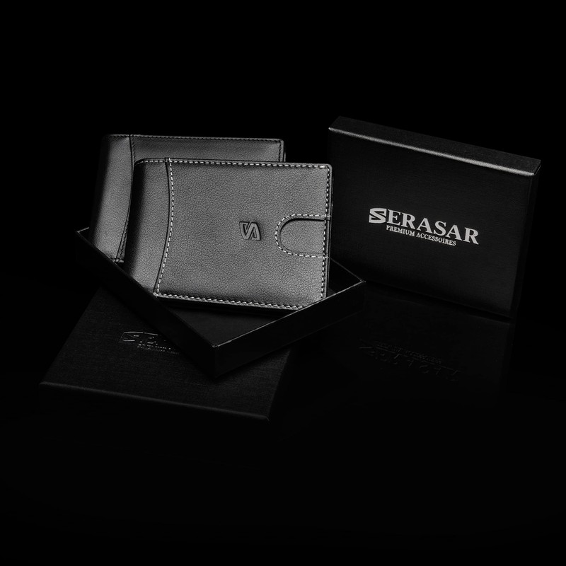 Black/White Leather Card Wallet for Men with RFID Blocker without
