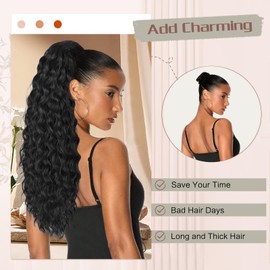 AISI BEAUTY Ponytail Extension Curly Drawstring Ponytail for Black Women 24 Inch Long Curly Synthetic Clip in Ponytail Hair Extensions for Women(24-1B)