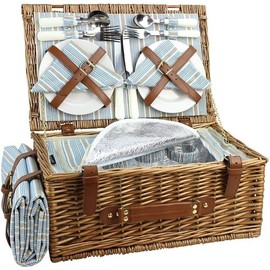 Picnic Basket Set for 2 Persons, Willow Hamper with Large Insulated Cooler Compartment, Waterproof Blanket and Cutlery Service Kit-Classical Brown - Colour: Dark Honey Color for 4 Persons