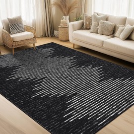 COZYLOOM 8x10 Washable Rug for Bedroom Dining Room Office Black Living Room Rug Low Pile Neutral Area Rugs Modern Stripes Carpet Non Slip Farmhouse Floor Cover