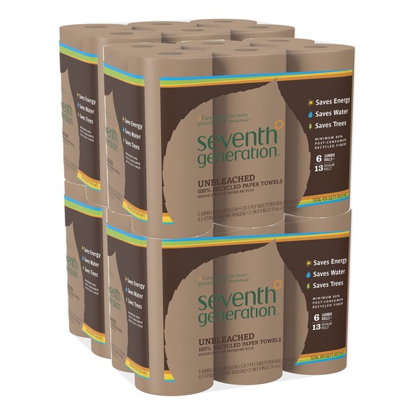Seventh Generation Unbleached Paper Towels, 100% Recycled Paper, 6 Count, Pack of 4