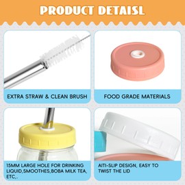 SusuBee 6 Plastic Pack Mason Jar Lids, Colorful Regular Mouth Mason Jar Drinking Lids Compatible for Mason Jar, Canning Ball Jars, with Straws and Cleaning Brush (JAR NOT INCLUDES)