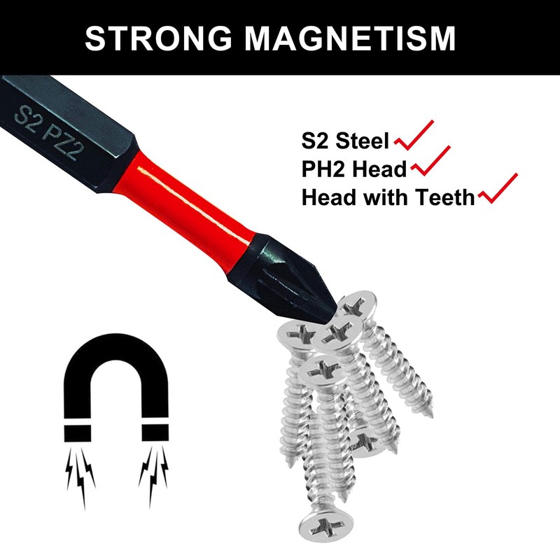 15 pcs Strong Magnetic Drill bit, PZ2 Non-Slip Phillips Screwdriver