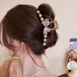 Rannyrena Elegant Large Crystal Pearl Butterfly Claw Clip for Women Thin Thick Curly Hair Cute Leopard Print Bow Strong Hold Hair Accessories (Pearl Crystal Brown (Pack of 5))