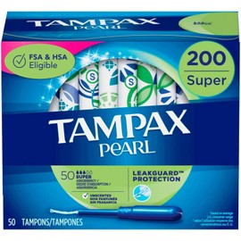 Tampax Pearl Tampons with Plastic Applicator, Super Absorbency, 200 Count, Unscented (50 Count, Pack of 4 - 200 Count Total)