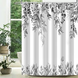 CTOTSYC Eucalyptus Shower Curtain, Grey Watercolor Leaves with Floral Botanical Bathroom Decor, Waterproof Fabric Bath Curtain Set with Hooks, 72x72 Inches