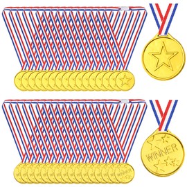 PLULON 60 Pieces Gold Medals for Kids, Plastic Winning Medals, Award, Gold Medal for Kids with Collars for School Sports Day Party Competitions (Gold)