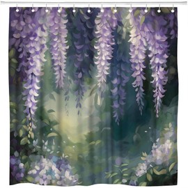 Purple Vine Flower Shower Curtain Dark Violet Floral Sage Green Leaf Fantasy Flower Wonderland Spring Garden Fuzzy Background Bathroom Polyester Curtains Set with Hooks 70x70 Inch