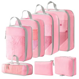 Compression Packing Cubes for Travel Suitcase Organizer Bags Set of 7 Travel Accessory Expandable Packing Organisers With Laundry Bag and Toiletry Bag (Pink)