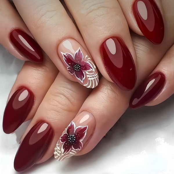 Fall Press on Nails Glossy Wine Red Fake Nails Medium