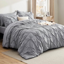 Bedsure California King Comforter Set Grey - Bed in a Bag Cal King Bedding Set 7 Pieces, GentleSoft™ Pintuck Bed Set Gift for Family, Pinch Pleat Grey Comforter with Sheets, Pillowcases & Shams
