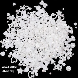 ZIENVE 500Pcs 3D Multi Shapes Nail Charms and Flatback Pearls, White Mix Styles Heart Star Bow Embellishments for Nail Art, Craft and Decoration, White