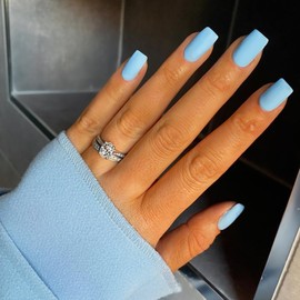 Light Blue Nails Press ons, Matte Press on Nails Medium Square Glue on Nails Medium Length, Short Acrylic Nails Glue on Medium Coffin Nails Fake Nails False Nails for Women Solid Color Gel Nails 24Pcs