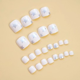 White Press on Toenails Short Fake Toe Nails Silver Star False Toenails Square Acrylic Toe Nails Full Cover Artificial Toe Nails Glossy Stick on Toenails Cute Glue on Toenails for Women and Girls 24Pcs