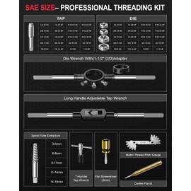 Kolvoii 52-Piece Large Tap and Die Set SAE 1/4″-20 to 1″-14 Thread Repair Kit for Threading and Rethreading Internal and External Threads, Heavy-Duty GCr15 Steel