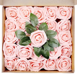 itechpanda 25 Pieces Valentine's Day Artificial Rose Flowers Decoration Realistic Fake Flowers Faux Foam Blush Pink Roses Bulk with Stem Wedding DIY Craft Bouquets Bridal Party Decor