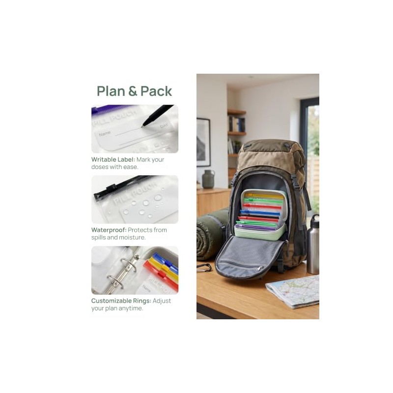 Waterproof Pill Organizer Pouch Set with 14 Color-Coded Pouches