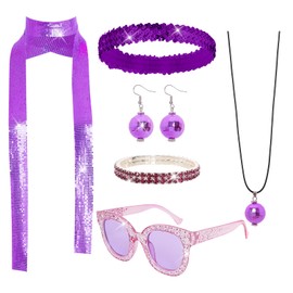 6 Pcs 70s Disco Accessories Women Disco Costume Jewelry Disco Sequin Scarf Headband Diamond Bracelet Ball Necklace Earring Glasses