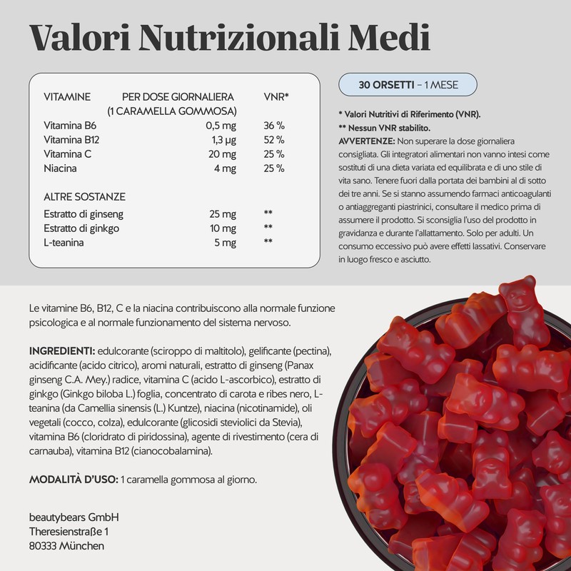 Gummies Concentrazione & Vitalità – Ginseng, Ginkgo, L-Teanina, Vitamine B6,
