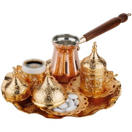 DEMMEX Turkish Greek Arabic Coffee Making and Serving Full Set with Cups Saucers Lids Sugar Bowl Tray and Copper Coffee Pot, Hand Decorated with Gold Crystals, 12 Pcs (Gold)